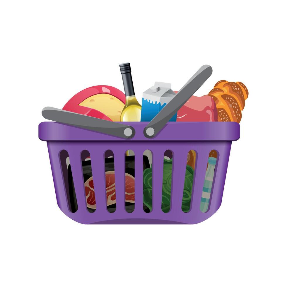lilac grocery basket with products on white background vector