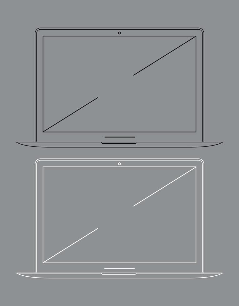 linear white icon of laptop with diagonal on white background vector