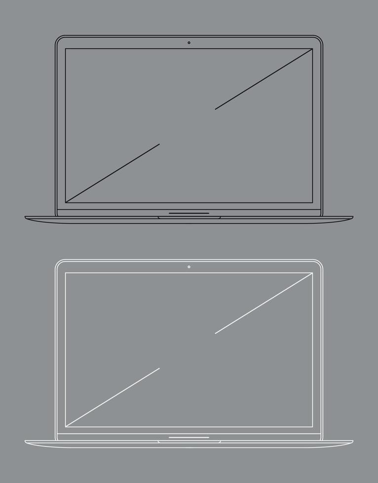 linear white icon of laptop with diagonal isolated on white background vector