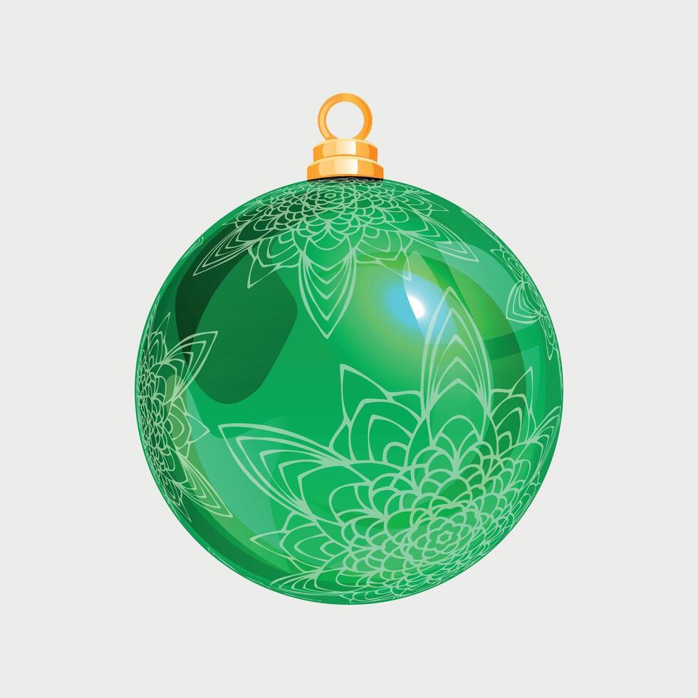 green new year christmas glass ball on tree with pattern on white background vector