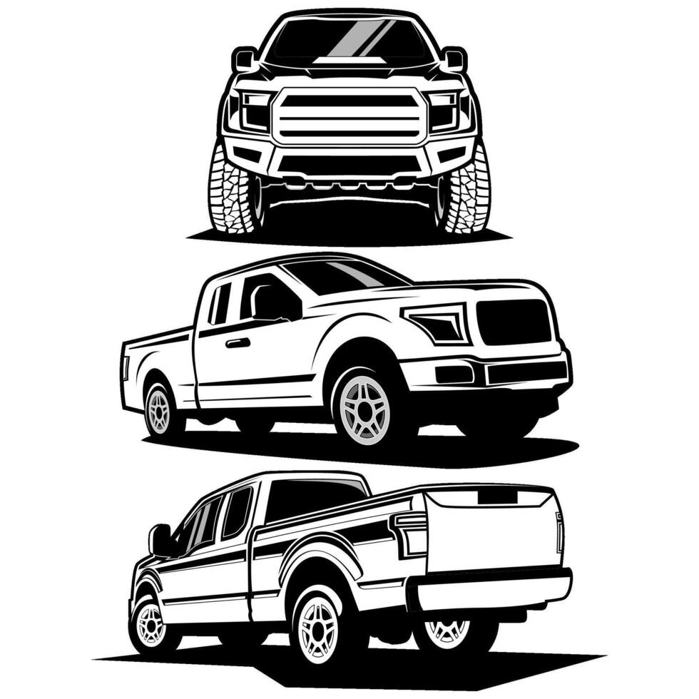 pickup truck illustration black and white design mini set art vector