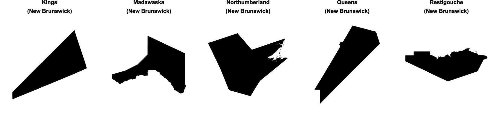 Kings, Madawaska, Northumberland, Queens, Restigouche outline maps vector