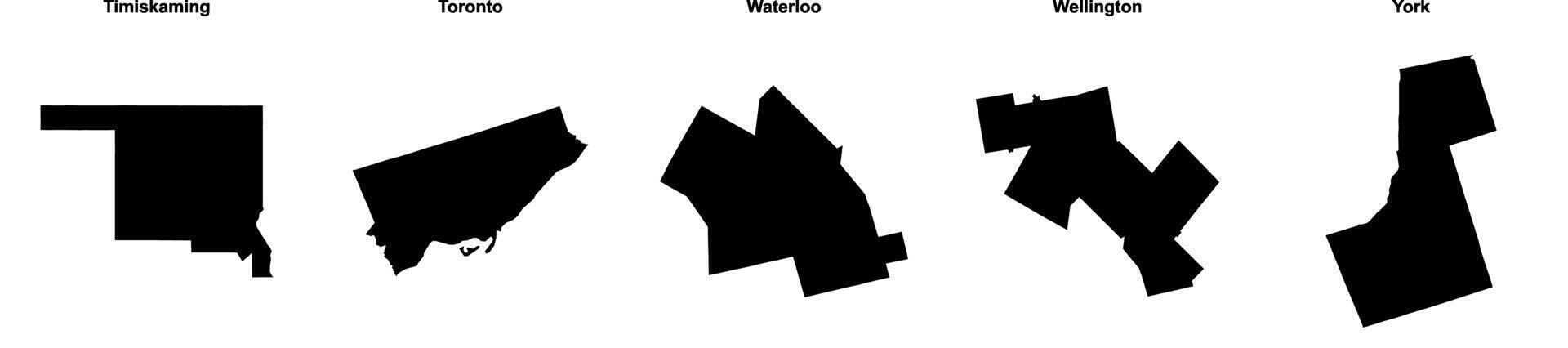 Timiskaming, Toronto, Waterloo, Wellington, York outline maps vector