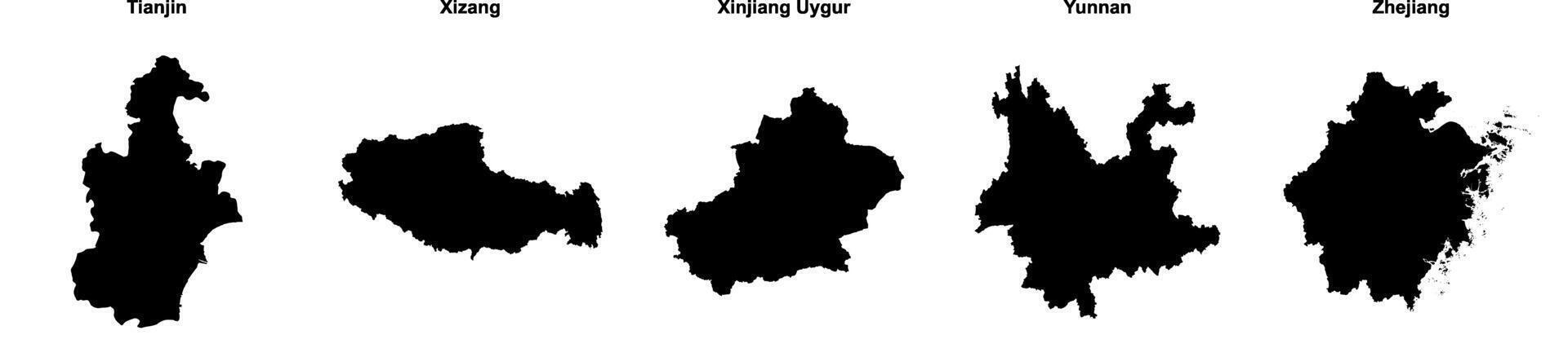 Tianjin, Tibet, Xinjiang Uygur, Yunnan, Zhejiang outline maps vector