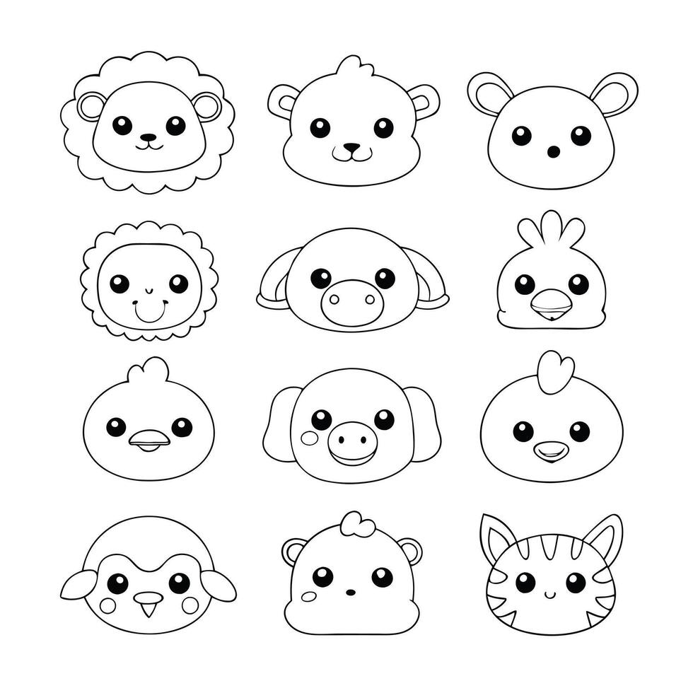 Cute Cartoon Animals in Black and White Line Drawing Style vector