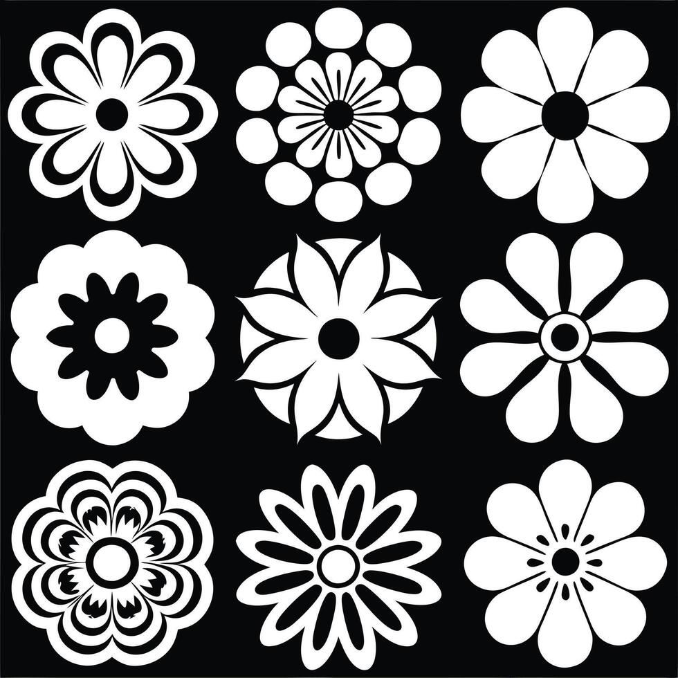 Modern White Flower Icons on a Black Background for Creative Projects vector