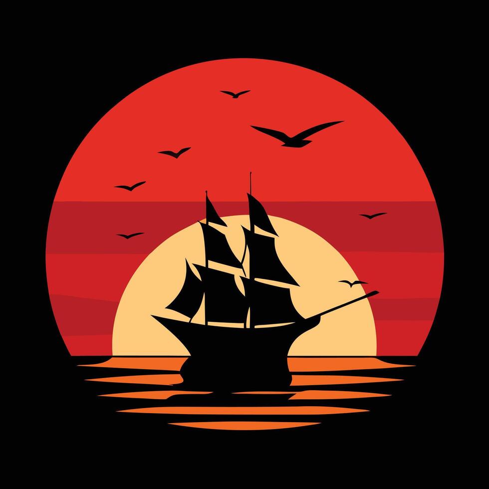 Vintage Sailing Ship Silhouette with Red and Orange Sunset Glow vector
