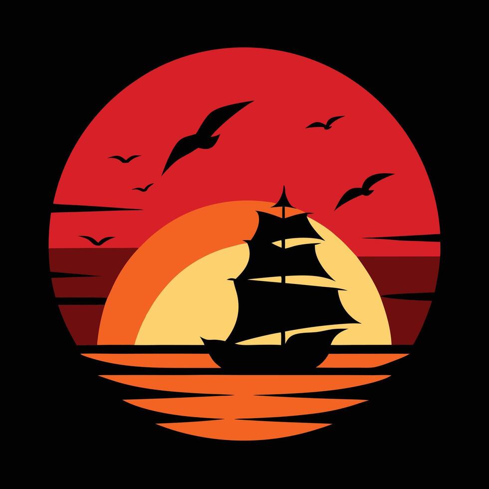 Silhouette of a Sailing Ship with Large Red and Orange Sails at Sea vector