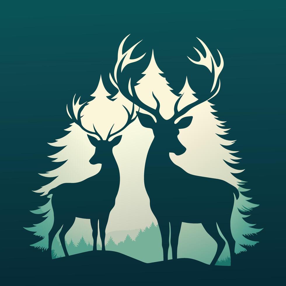 Elegant Stag and Doe Silhouette Illustration in Monochrome Style vector
