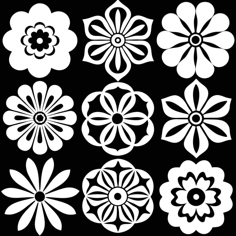 Simple Flower Icons in White on Black Background Graphic Design Elements vector