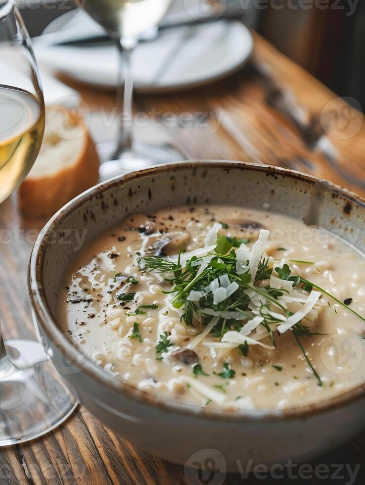 A bowl of soup with cheese and herbs on a wooden table photo