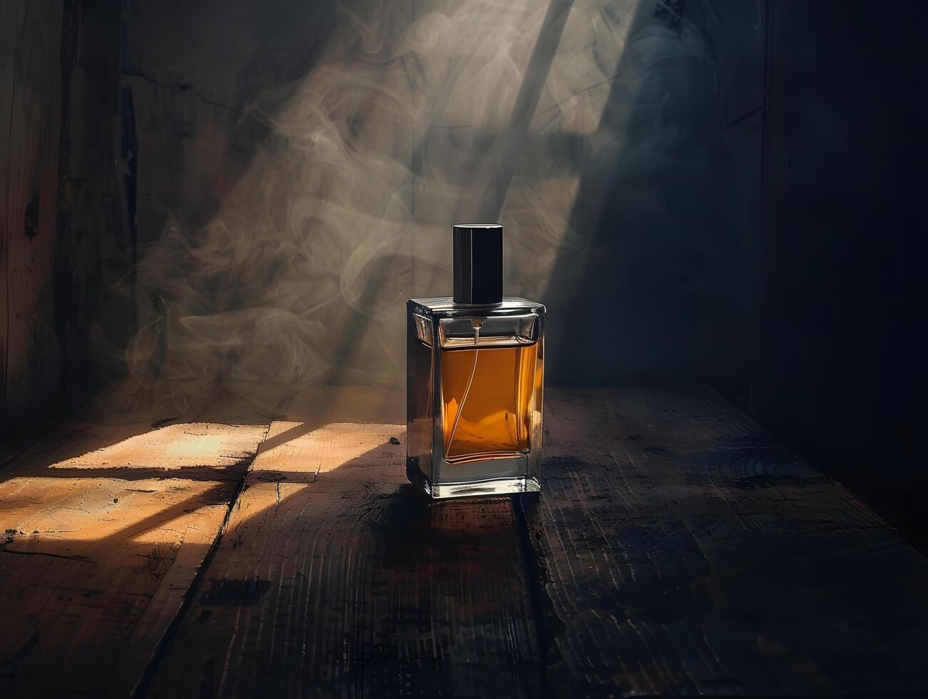 A bottle of perfume sitting on a table with sunlight coming through the window photo
