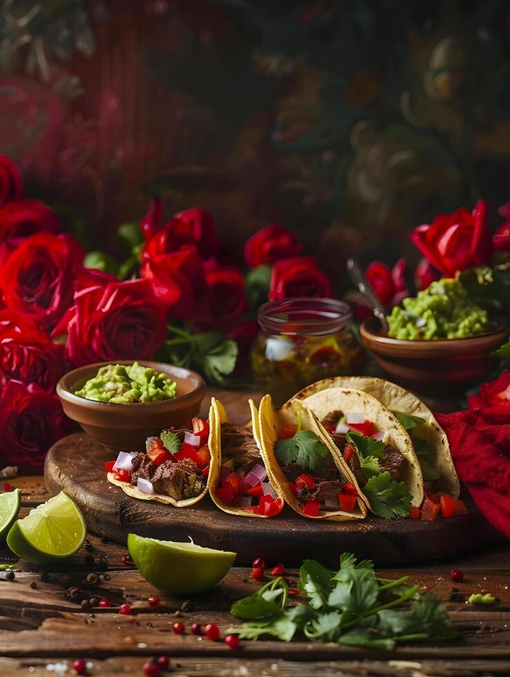 Tacos with red peppers and red roses on a wooden table photo