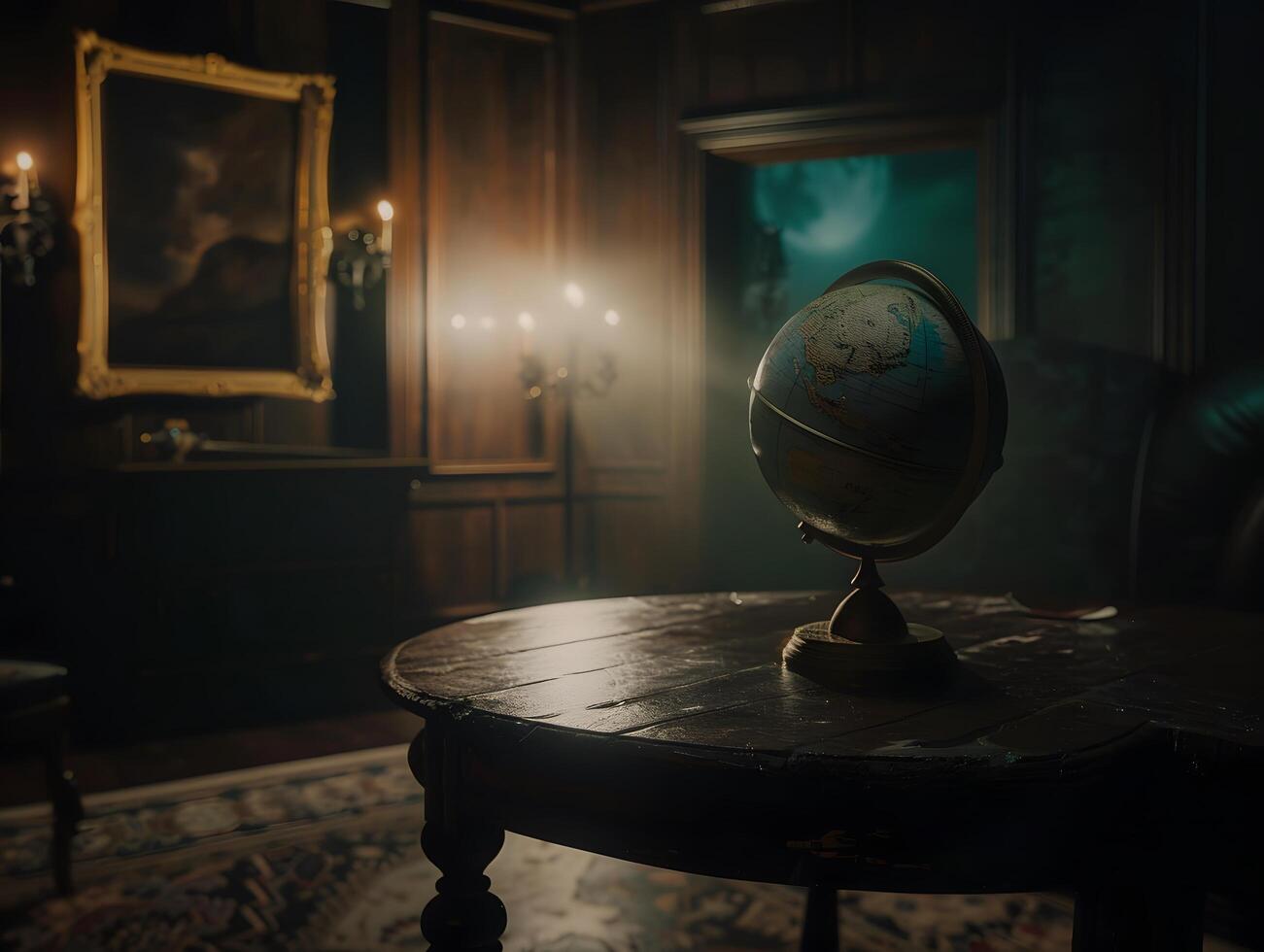 The dark room has a globe on a table photo