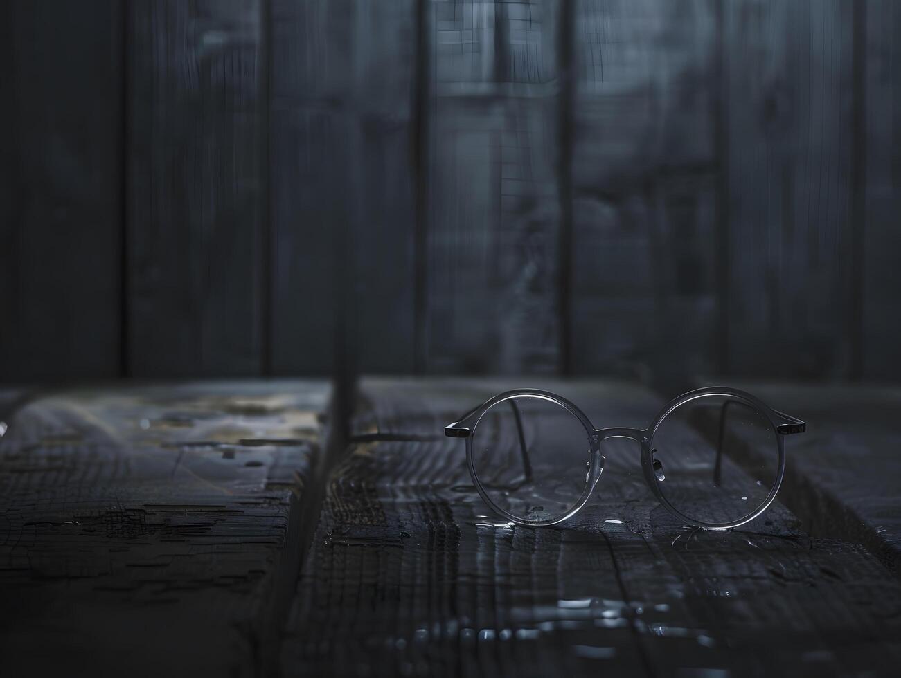A pair of glasses on a wooden table photo