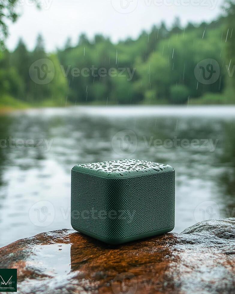 A green speaker sitting on a rock by a lake photo