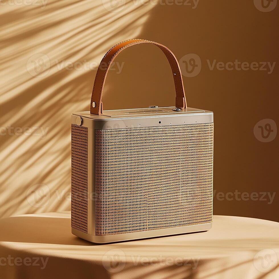 A small, silver, portable speaker with a leather handle photo