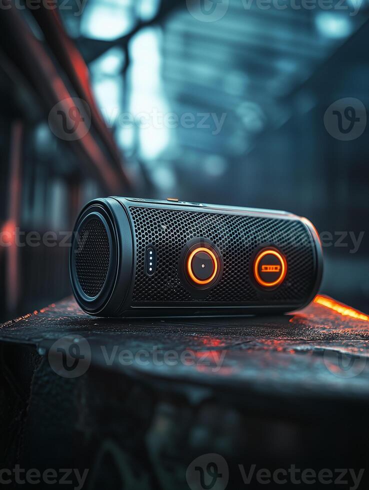 A speaker with two glowing lights on it photo