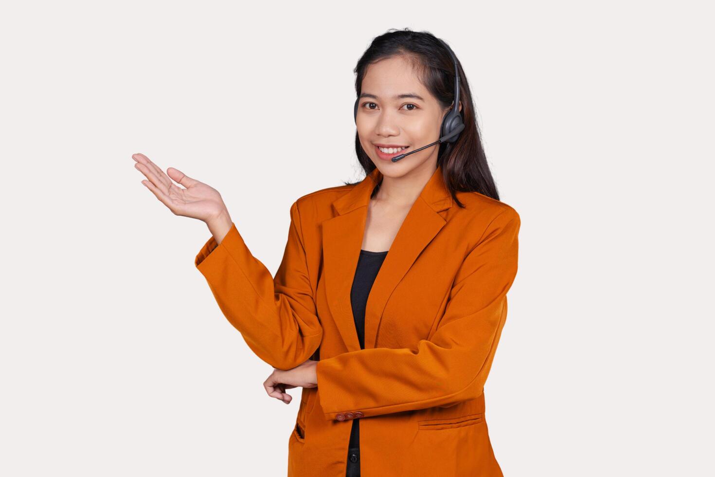 Young Girl Customer Service Representative Agent Presenting or Explaining Isolated On Background photo