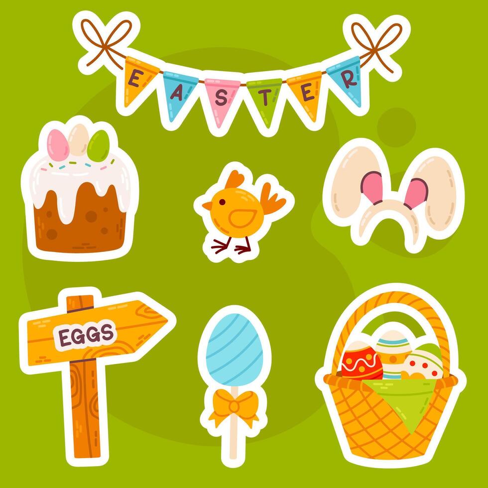 A bright Easter sticker set with a festive basket, decorated egg, cute chick, holiday cake, and directional sign on a green background. Perfect for crafts, greeting cards, and decorations. vector