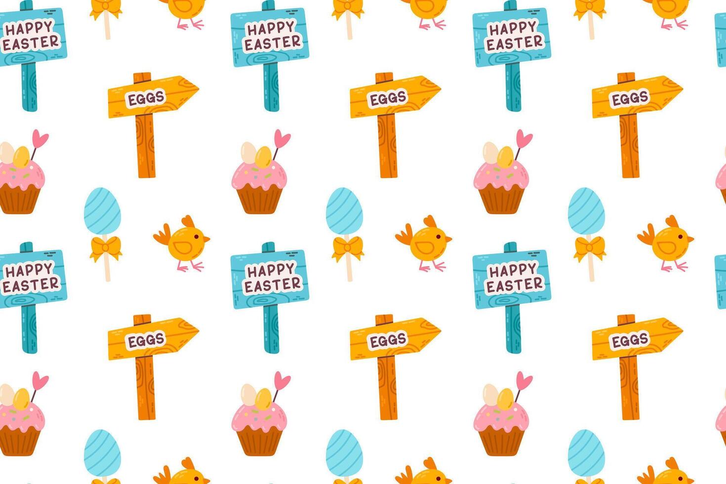 A seamless Easter pattern featuring holiday signposts, festive cakes, decorated eggs, and cute chicks on a white background. Perfect for seasonal crafts, textiles, and wrapping paper. vector
