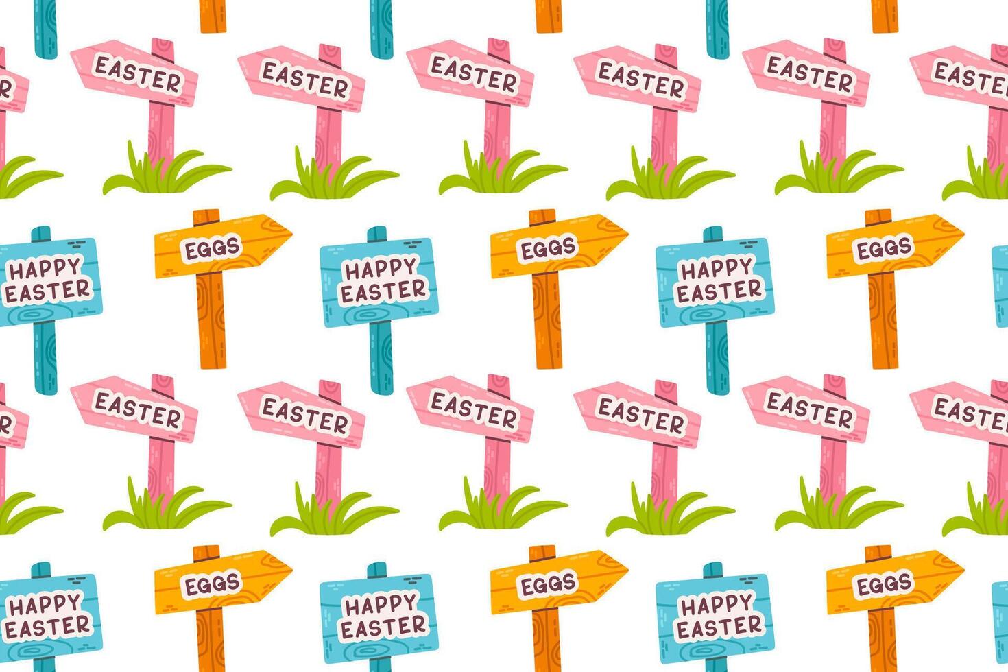 A seamless festive pattern featuring Easter directional signposts with Happy Easter, Eggs, and Easter text on a white background. Ideal for wrapping paper, textiles, and seasonal designs. vector