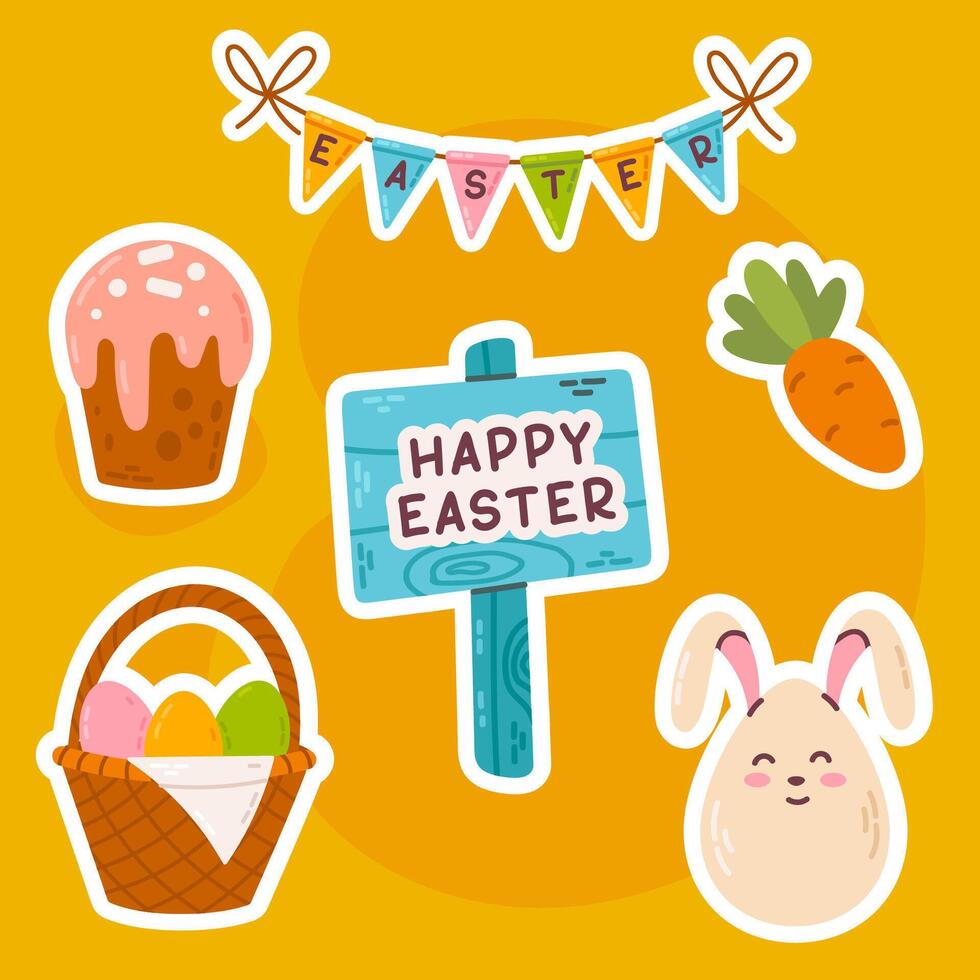 A colorful Easter sticker set featuring a bunny, festive cake, basket with eggs, carrot, and Happy Easter sign on a yellow background. Ideal for holiday decorations and greeting cards. vector