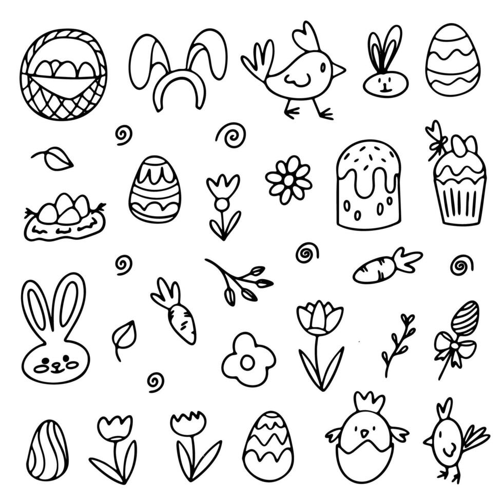 A collection of black-and-white hand-drawn Easter doodles featuring eggs, bunnies, chicks, flowers, and festive treats. Perfect for greeting cards, invitations, and digital designs. vector