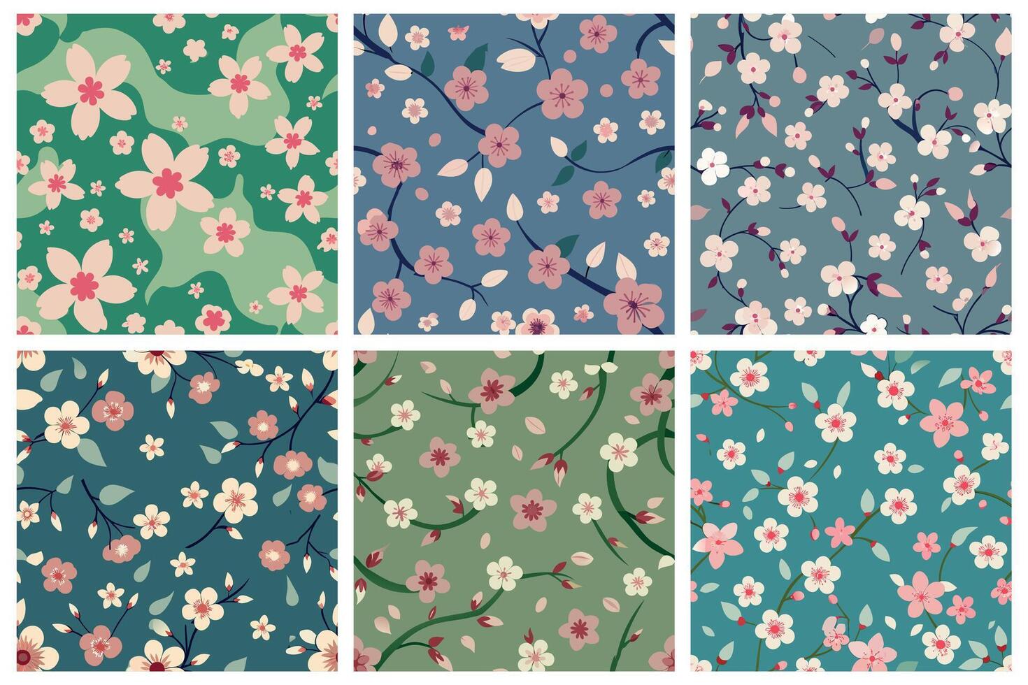 A collection of six different cherry floral patterns vector