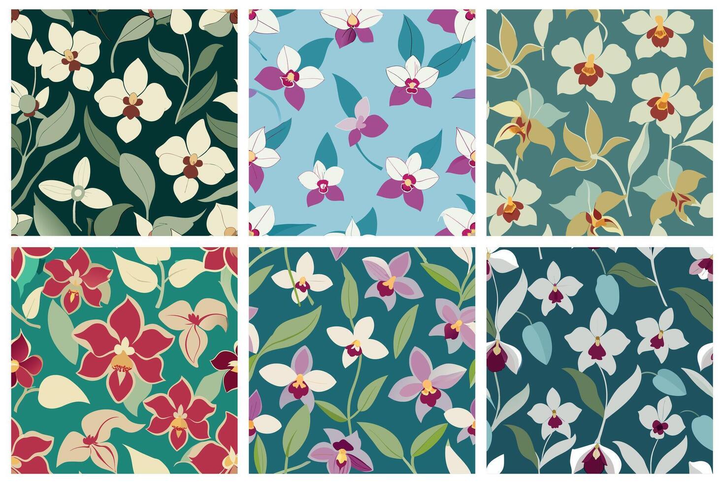 A set of six different floral patterns with orchid vector