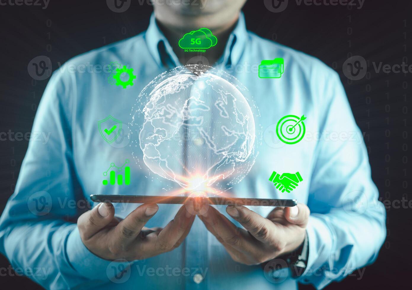 Businessman holding a virtual global connection glowing light. Business global internet connection application technology and digital marketing. photo