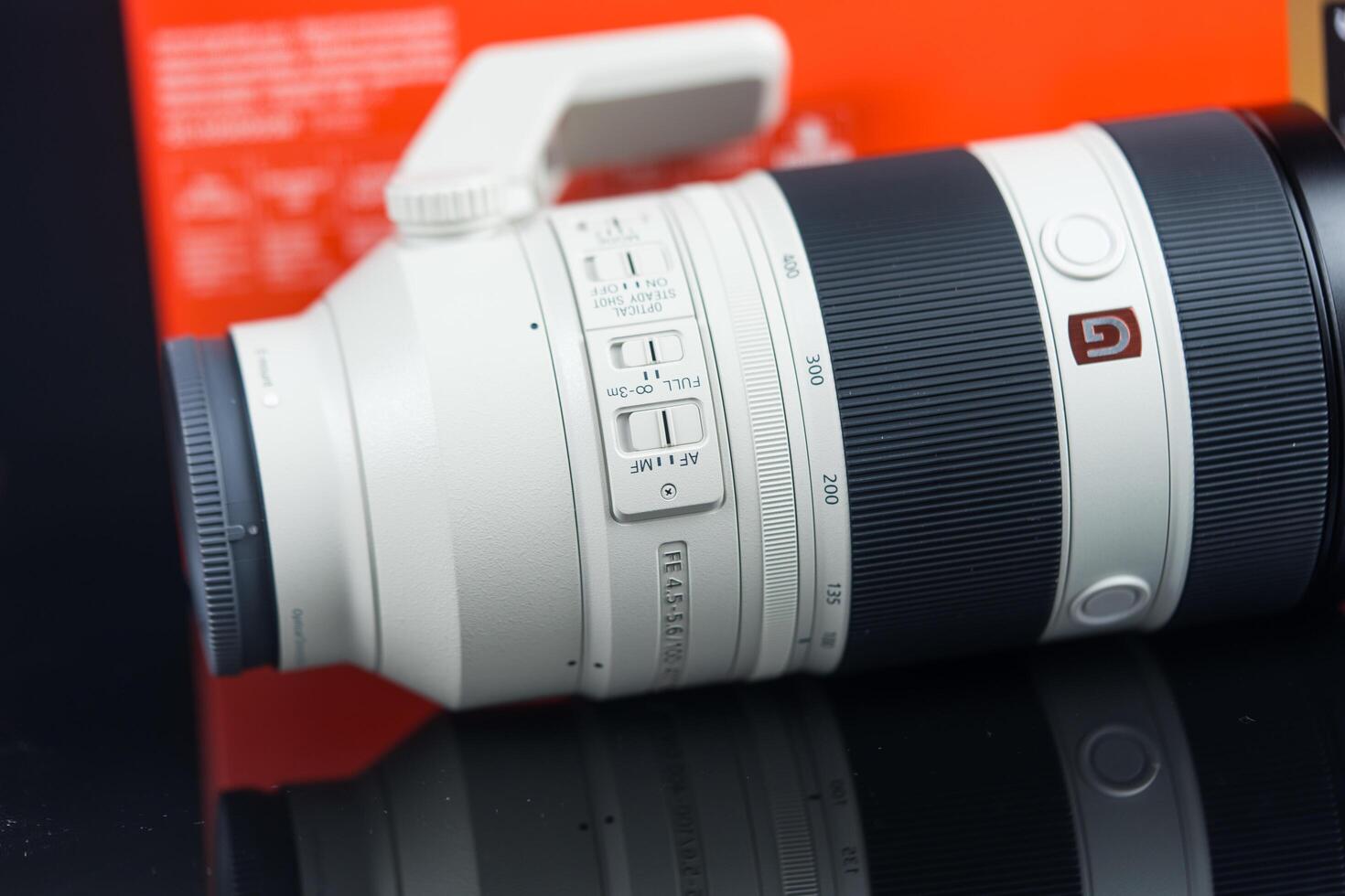 Bangkok, Thailand - February 25, 2025 Telephoto zoom lens form sony, FE 100-400mm G Master super telephoto zoom lens. photo