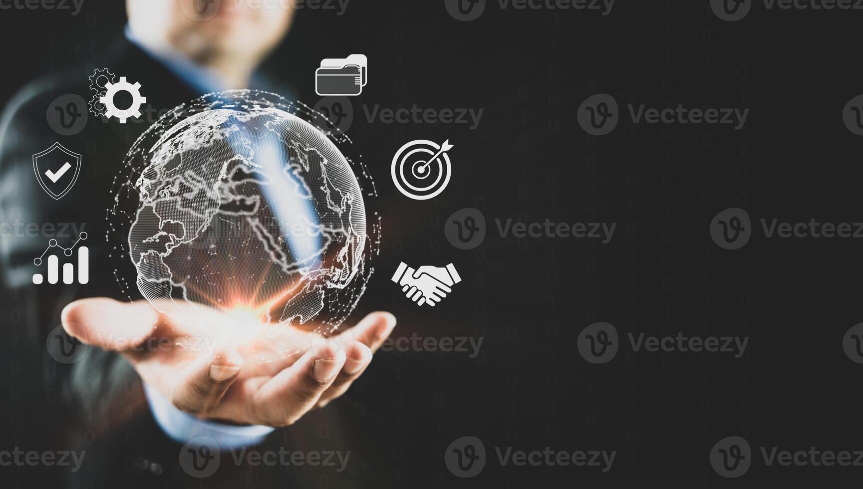 Businessman holding globe with business icon. Business global internet connection application technology and digital marketing, Financial and banking. photo