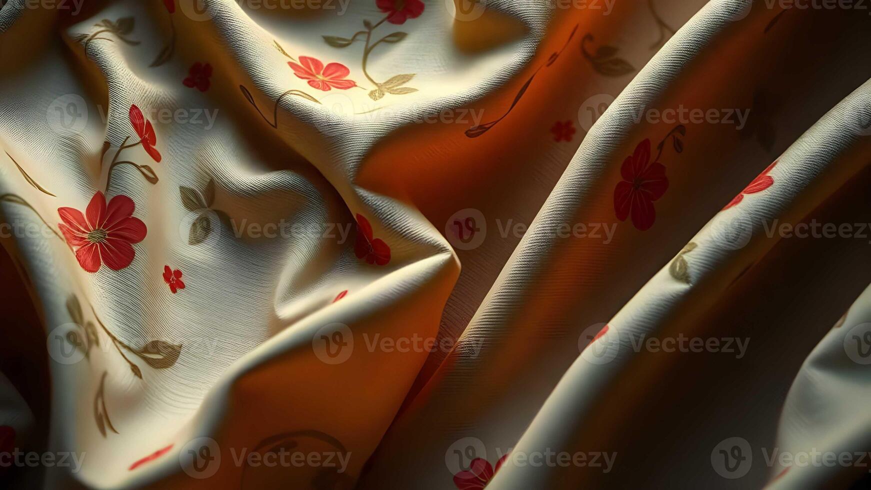 Soft, elegant, cream-yellow fabric with vibrant orange-red floral pattern and green leaves, perfect for feminine summer garments. photo