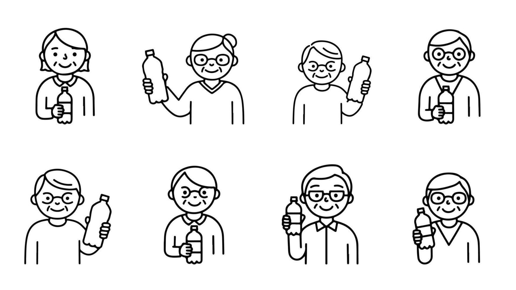 Quality icons representing elderly people drinking water with minimalist drawings. vector