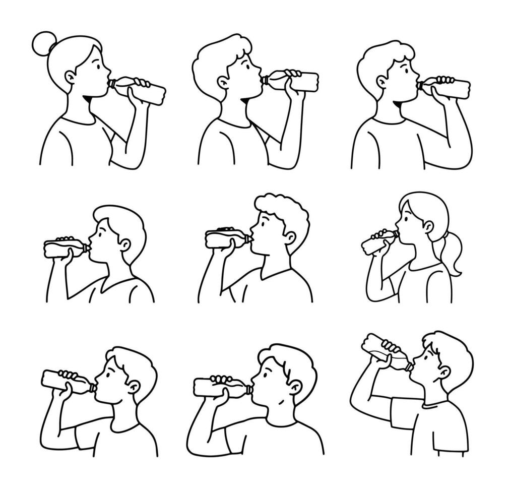 A stylish icon set with simple lines featuring individuals drinking water. vector