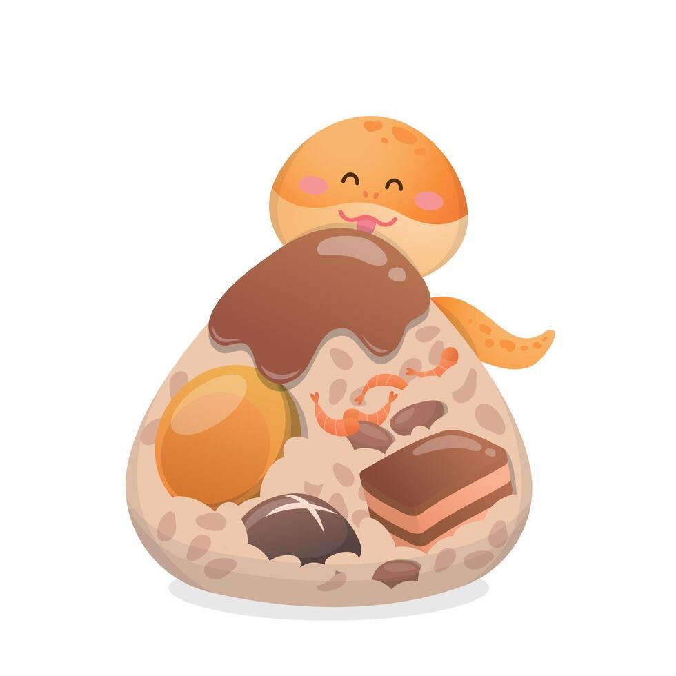 Zongzi filled with fillings and sauces, traditional Chinese food and cute and playful yellow snake vector