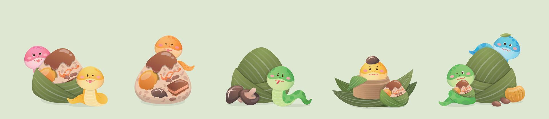 Playful snake and traditional Chinese Dragon Boat Festival food Zongzi, glutinous rice wrapped in bamboo leaves vector