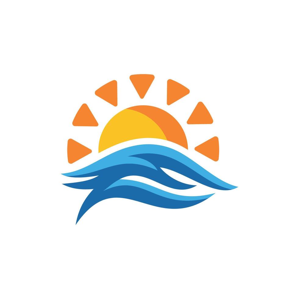Sunset wave logo. Ocean beach travel emblem for tropical summer vacation and coastal branding vector