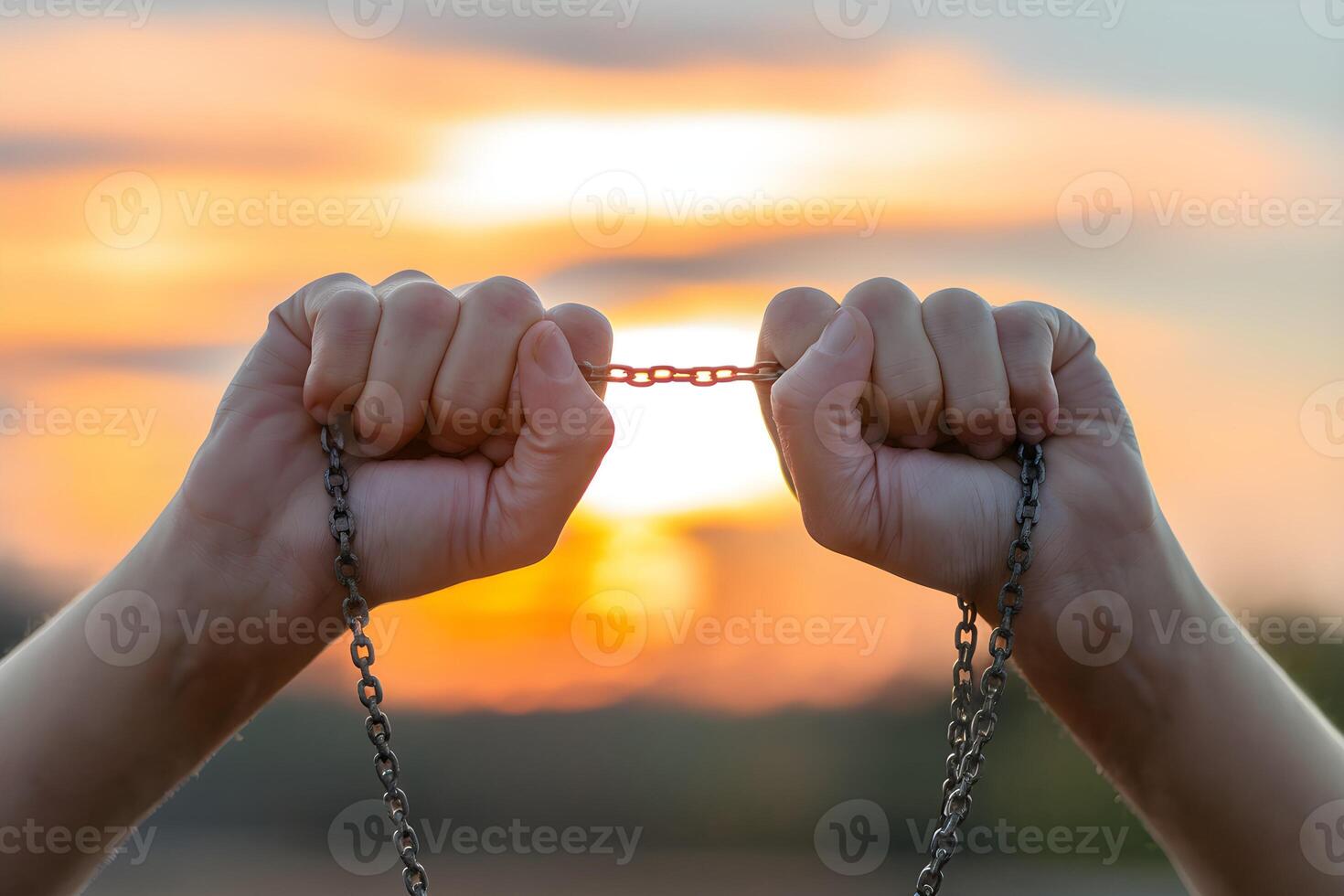 Hands breaking free from chains at sunset photo