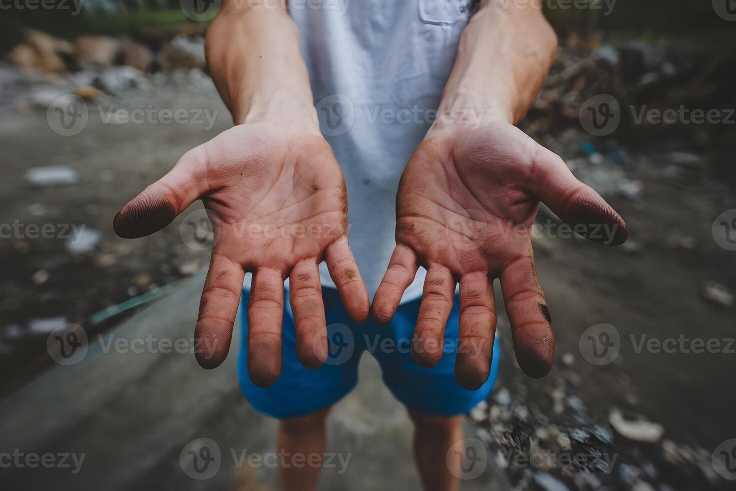 Dirty hands reaching out, a symbol of hard work. photo