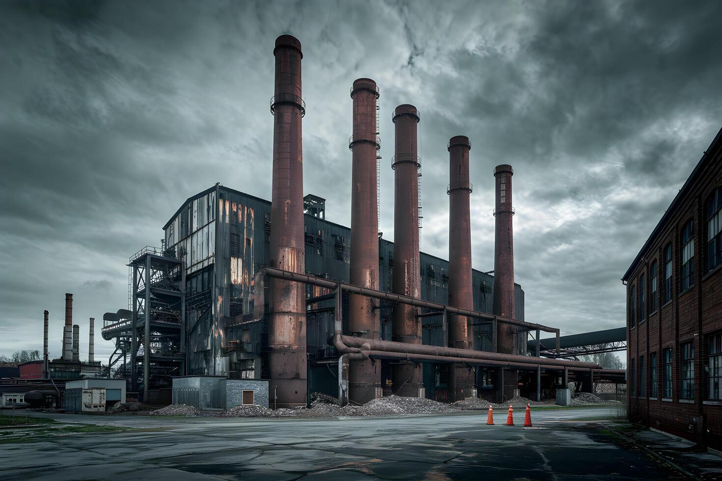 Rusty, Abandoned Industrial Complex Under a Gloomy Sky photo