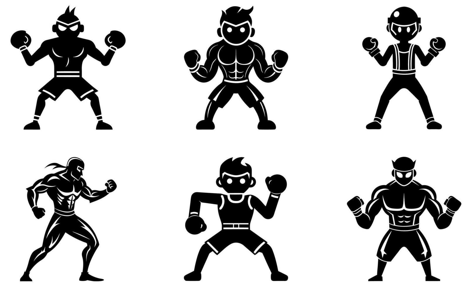 black and white silhouette illustrations of powerful boxing figures in various stances. vector