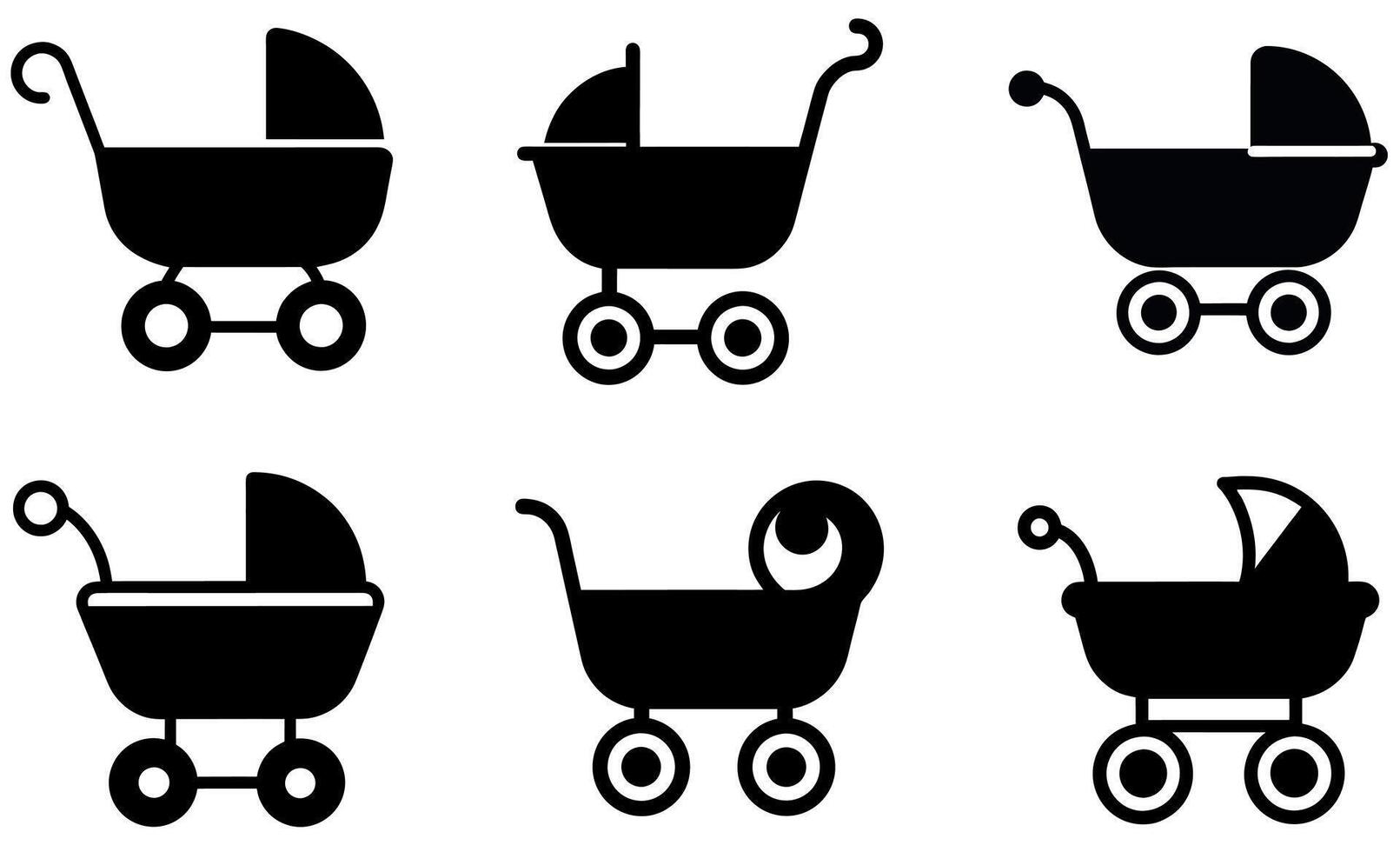 Simple black and white baby stroller icons set. vector