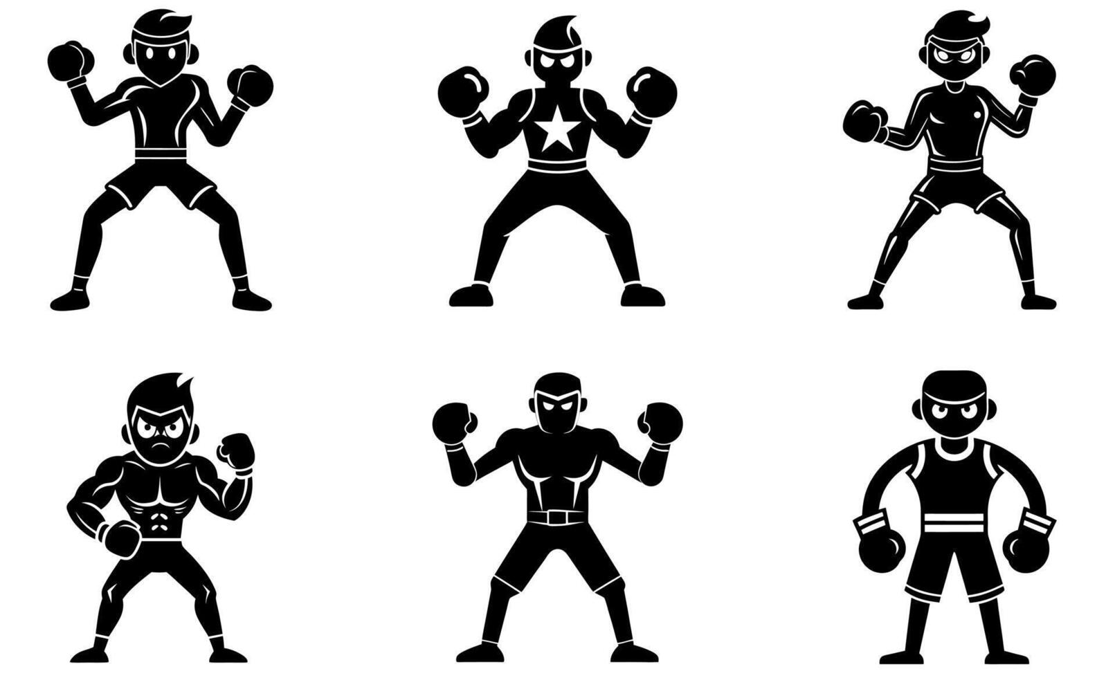 This image features six black and white silhouette illustrations of powerful boxing figures in various stances. vector