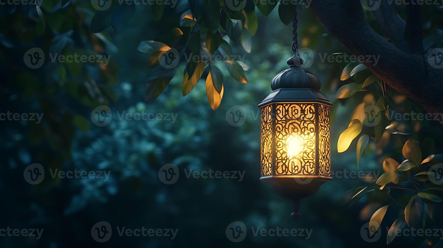A lamp on a tree in the dark photo