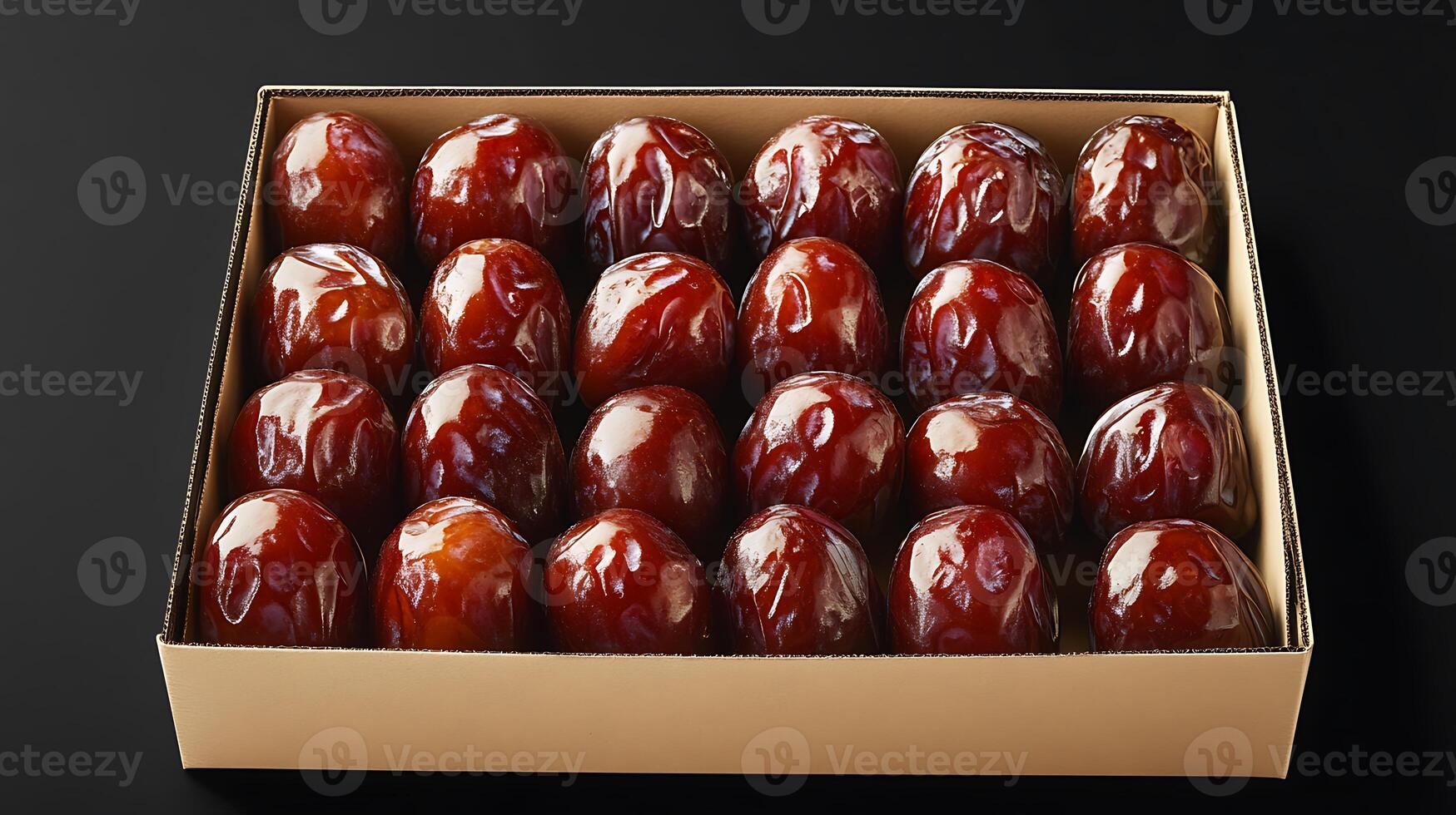 A box of dates sitting on a black surface photo