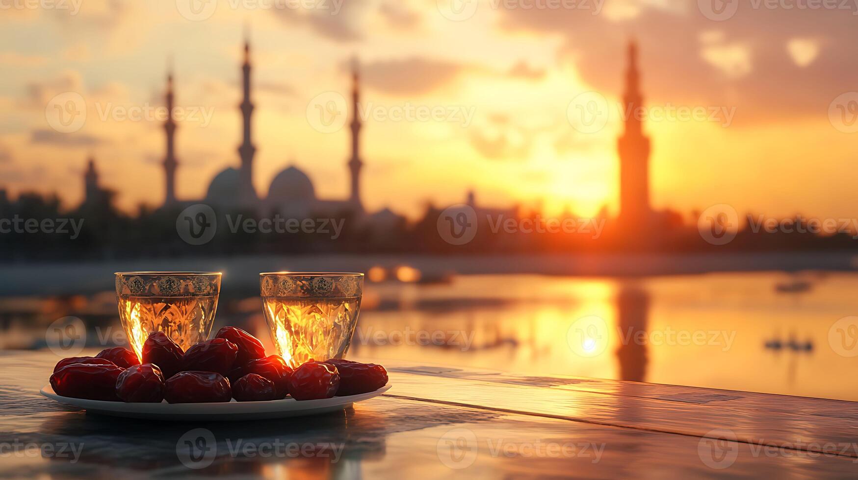 Two glasses of wine and cherries on a table in front of a mosque at sunset photo