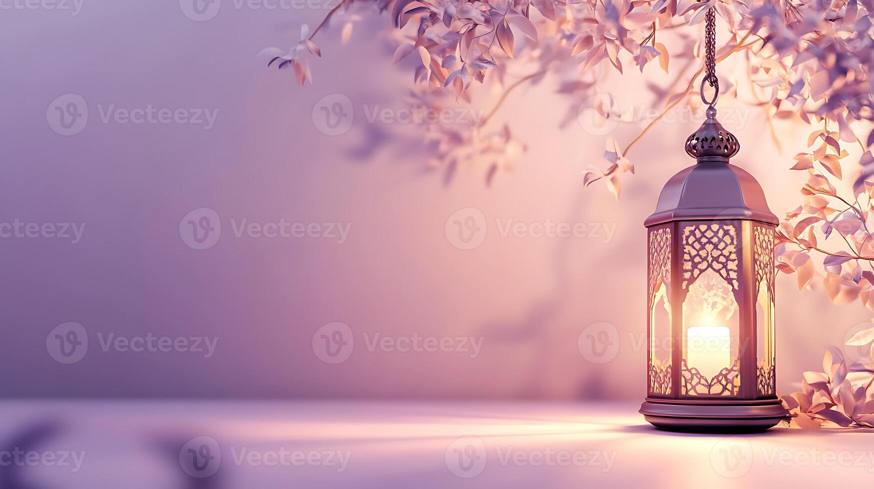 A lantern is lit on a table with a tree photo