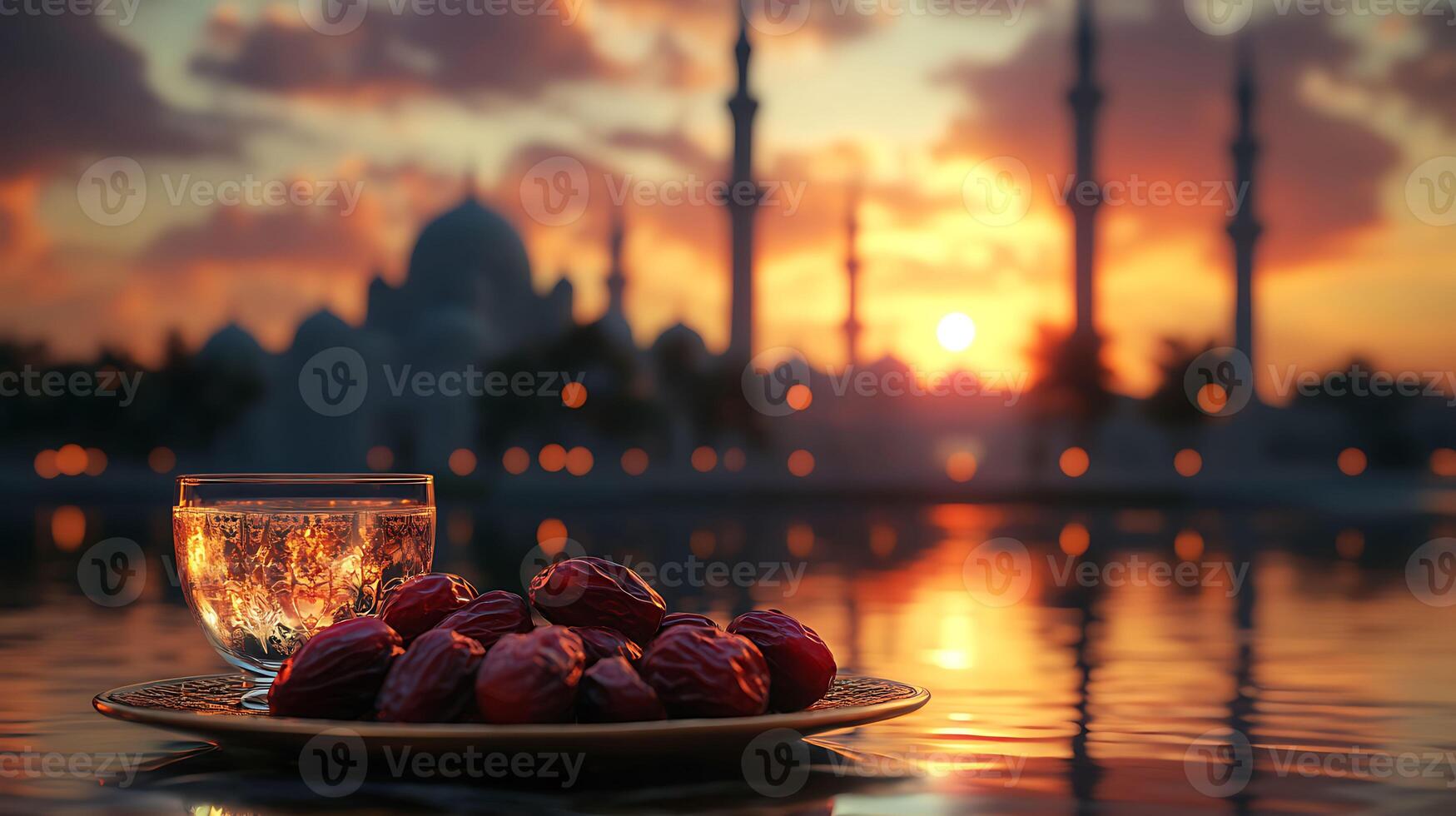Dates and water on a plate with a sunset in the background photo